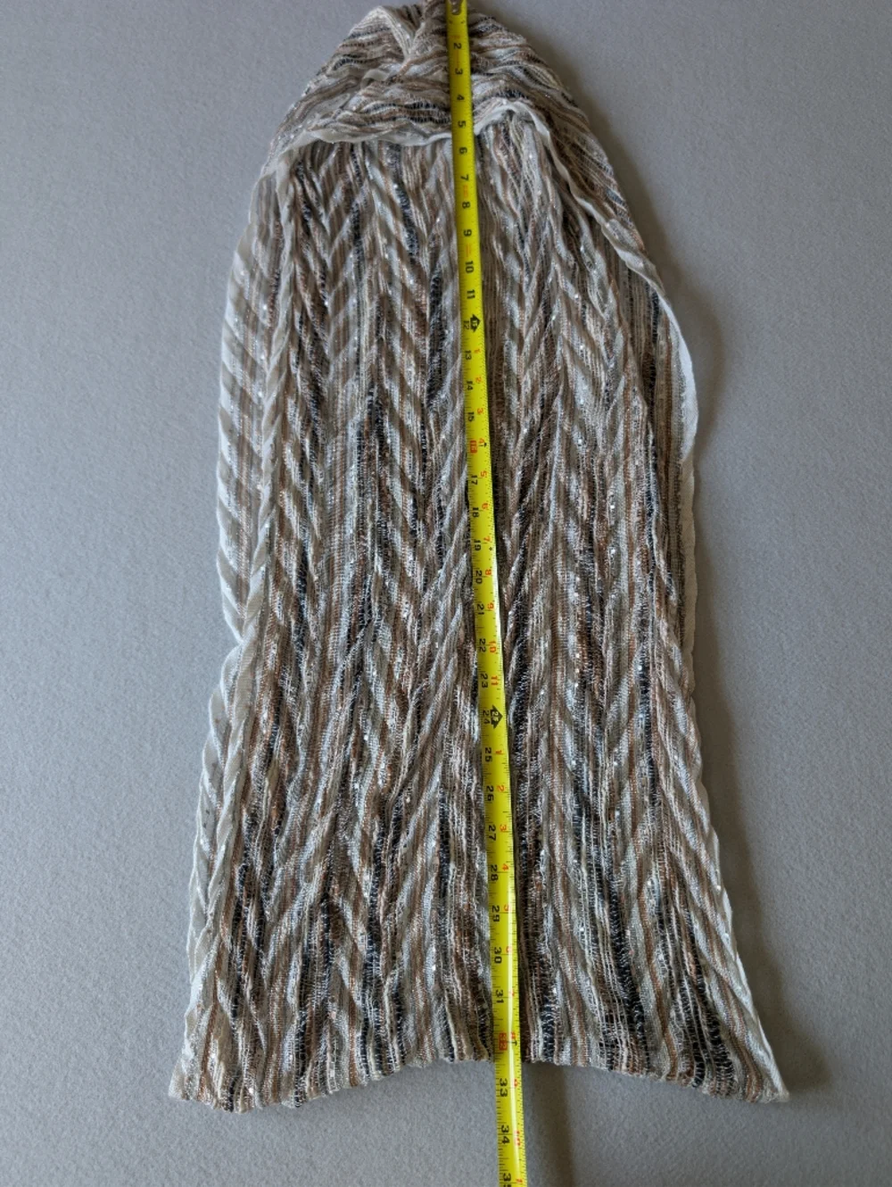 Metallic Multi-Tone Chevron Pleat Infinity Scarf Beige Brown & Silver Knit Sheer